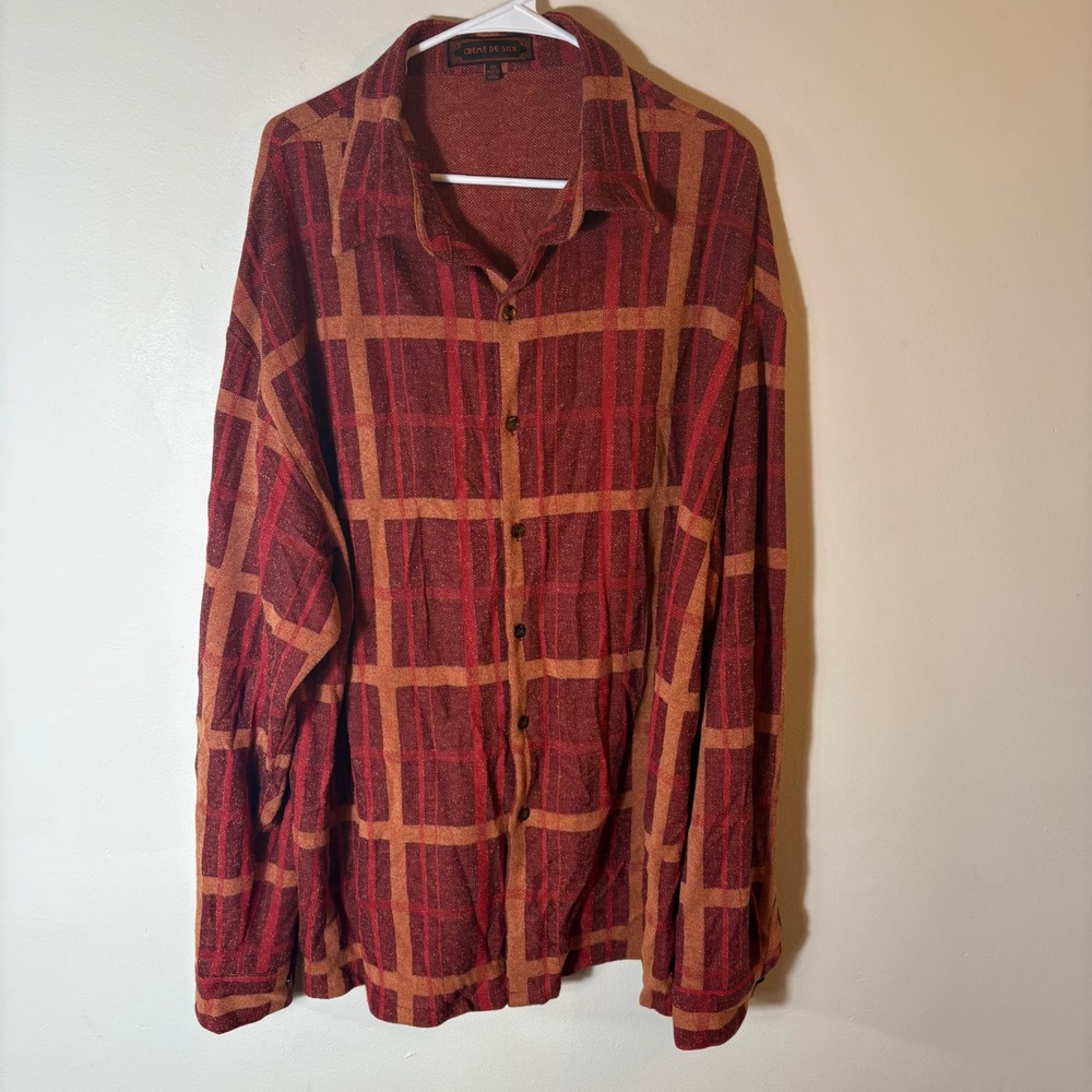 Vintage Creme de Silk Burnt Red Plaid Silk Button Front Blouse Made in Korea 3X‎